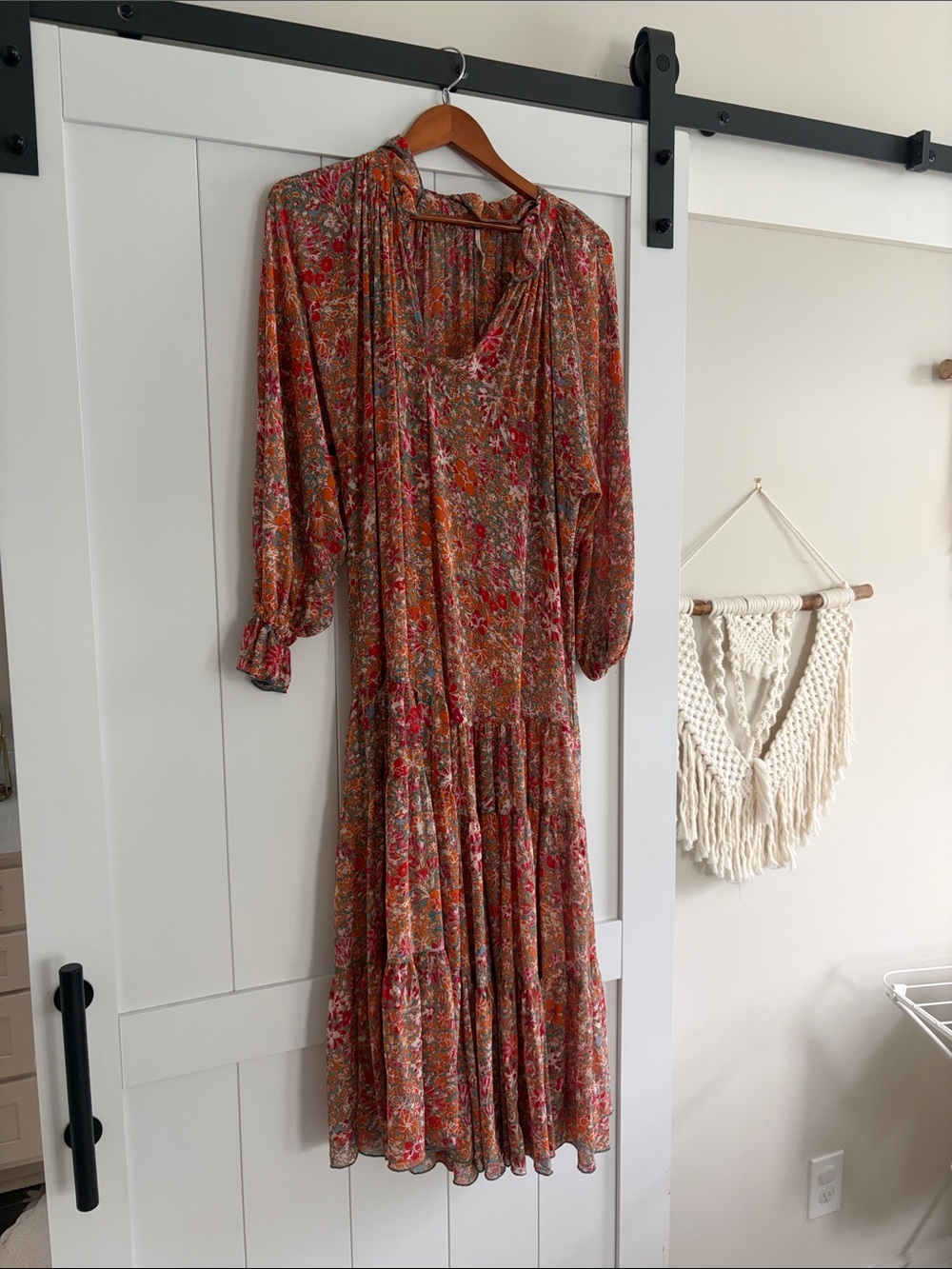 Anthropologie Rust Floral Tiered Long-Sleeve Midi Dress